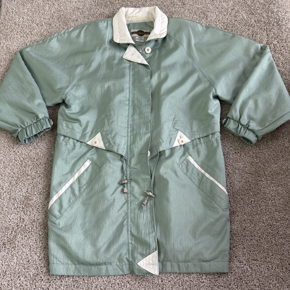Vintage Out Brook Coat Womens S Green Taffeta Rain Zip Lined Drawstring Pockets